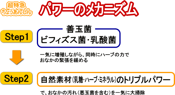 �����}���傤���񂵂� �p���[�̃��J�j�Y�� Step-1�F�P�ʋہi�r�t�B�Y�X�ۥ���_�ہj��C�ɑ��B���Ȃ���A�����Ƀn�[�u�̗͂ł��Ȃ��ْ̋����ɂ߂��Step2�F���R�f�ށi������n�[�u��~�l�����j�̃g���v���p���[�ŁA���Ȃ��̉���i���ʋۂ��܂ށj����C�ɑ�|��